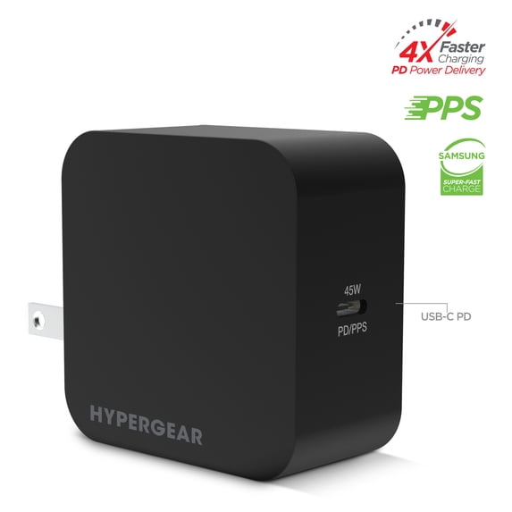 Hypergear SpeedBoost 45W USB-C PD Laptop Wall Charger with PPS | Black