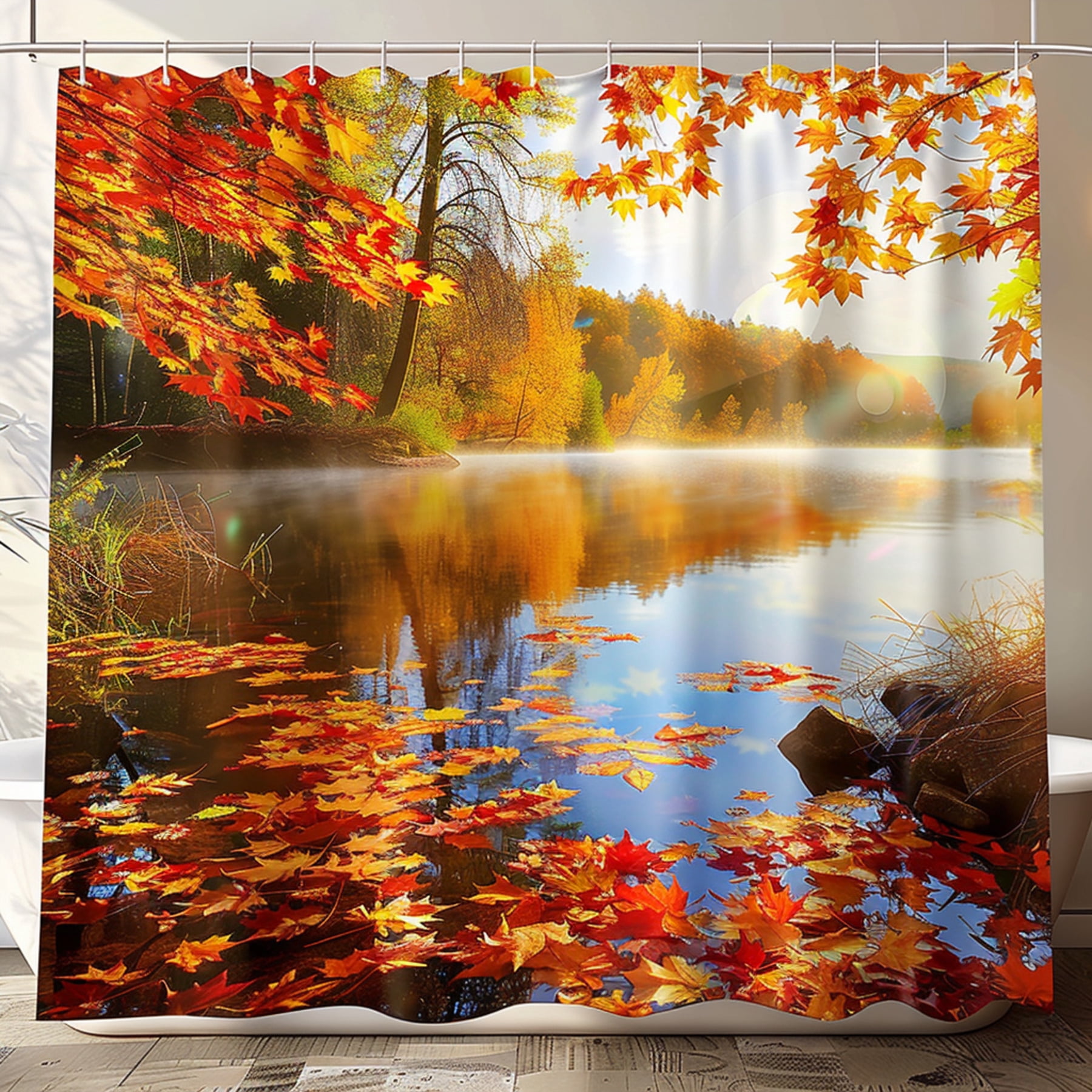 Hyperrealistic Autumn Lake Shower Curtain Hyperdetailed Fall Scene with