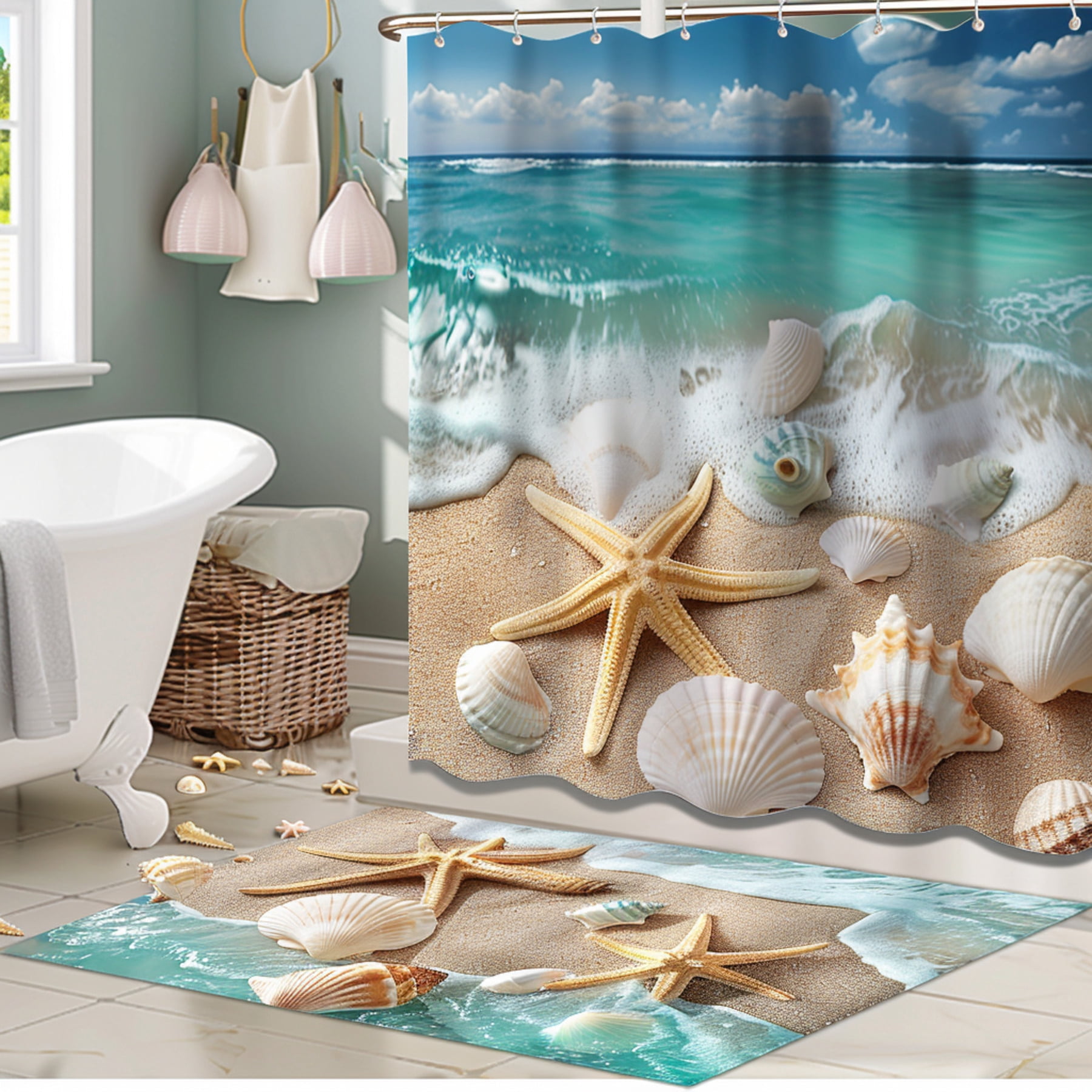 Hyperrealistic Beach Theme Bathroom Decor with Starfish and Seashells Pastel Colors White and ...
