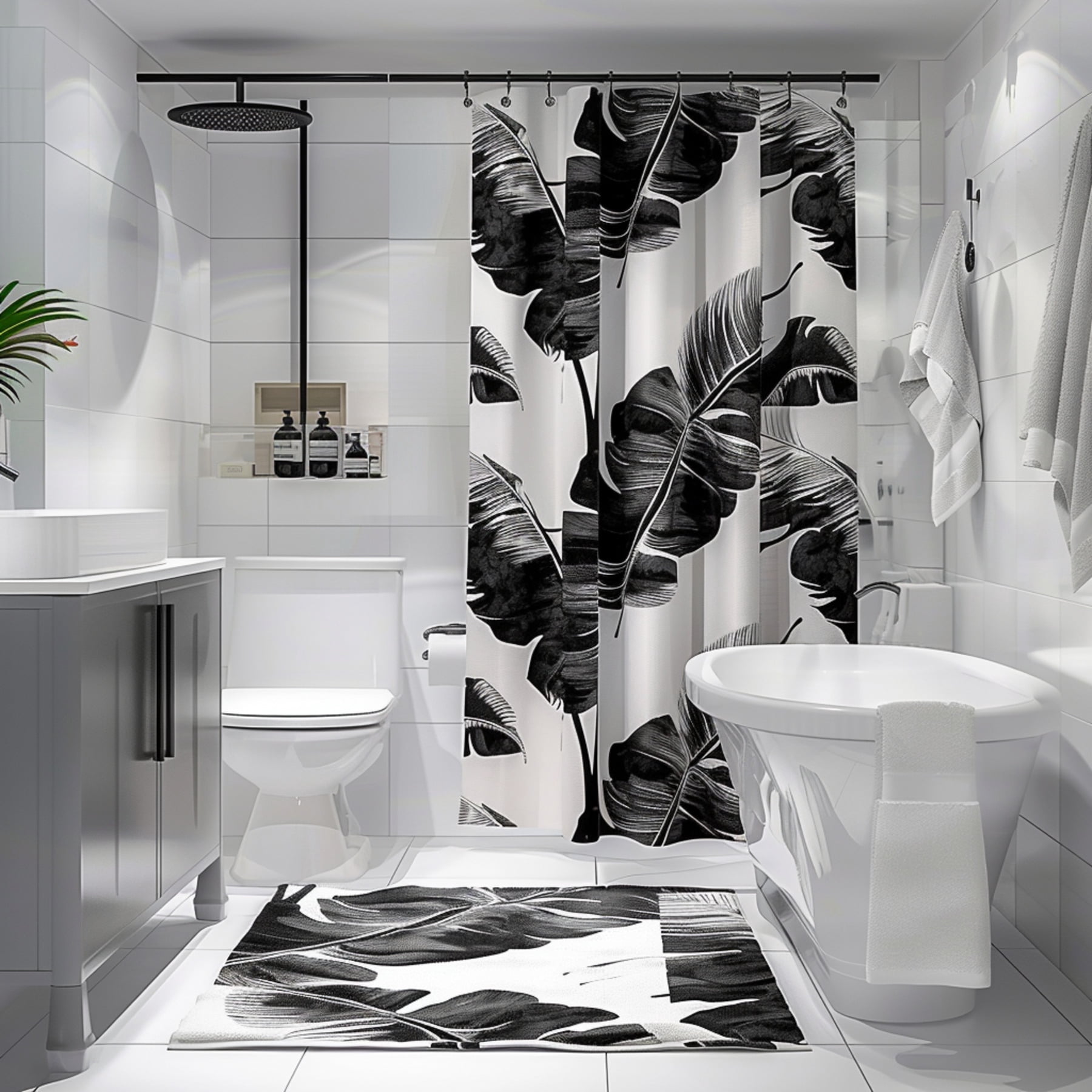 Hyperrealistic Black and White Bathroom Shower Curtain with Banana Leaf