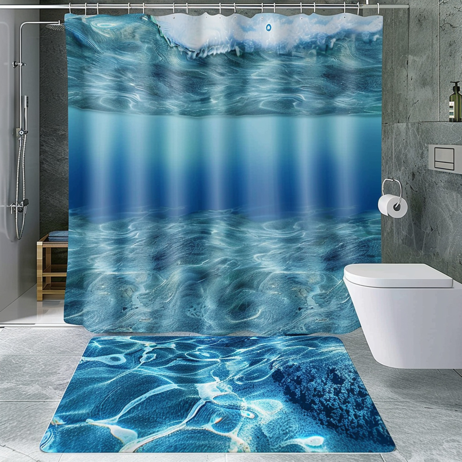 Hyperrealistic Blue Ocean Bathroom Set with 3D Underwater View Unique