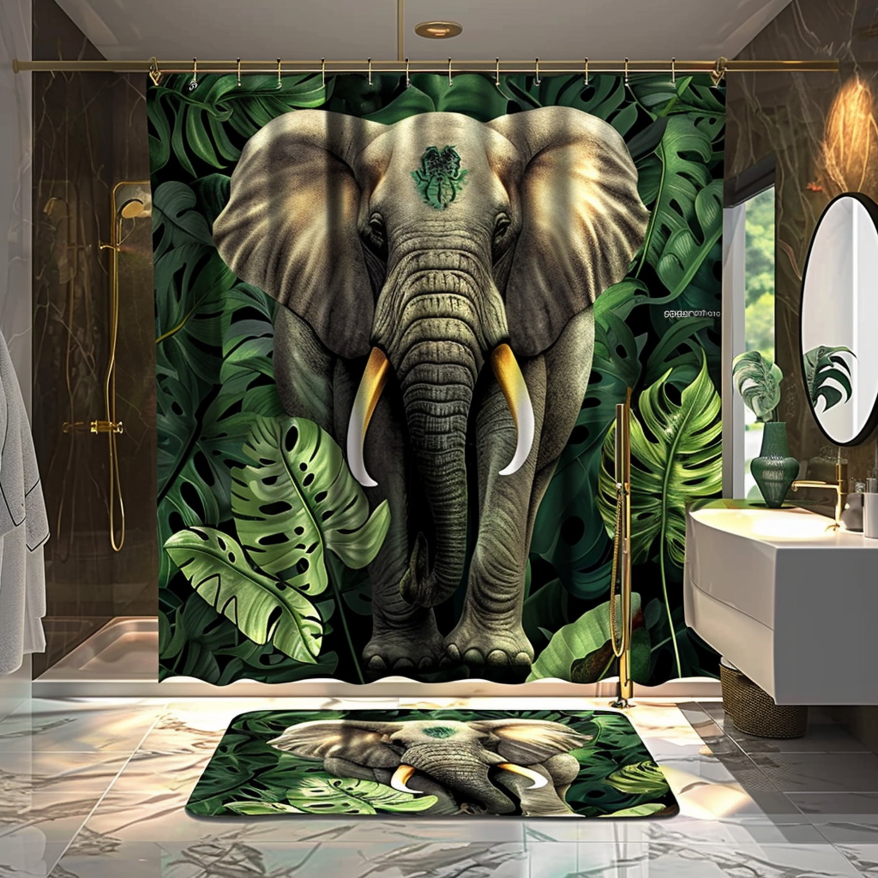 Hyperrealistic Elephant Bathroom Set with Jungle Leaves Shower Curtain ...