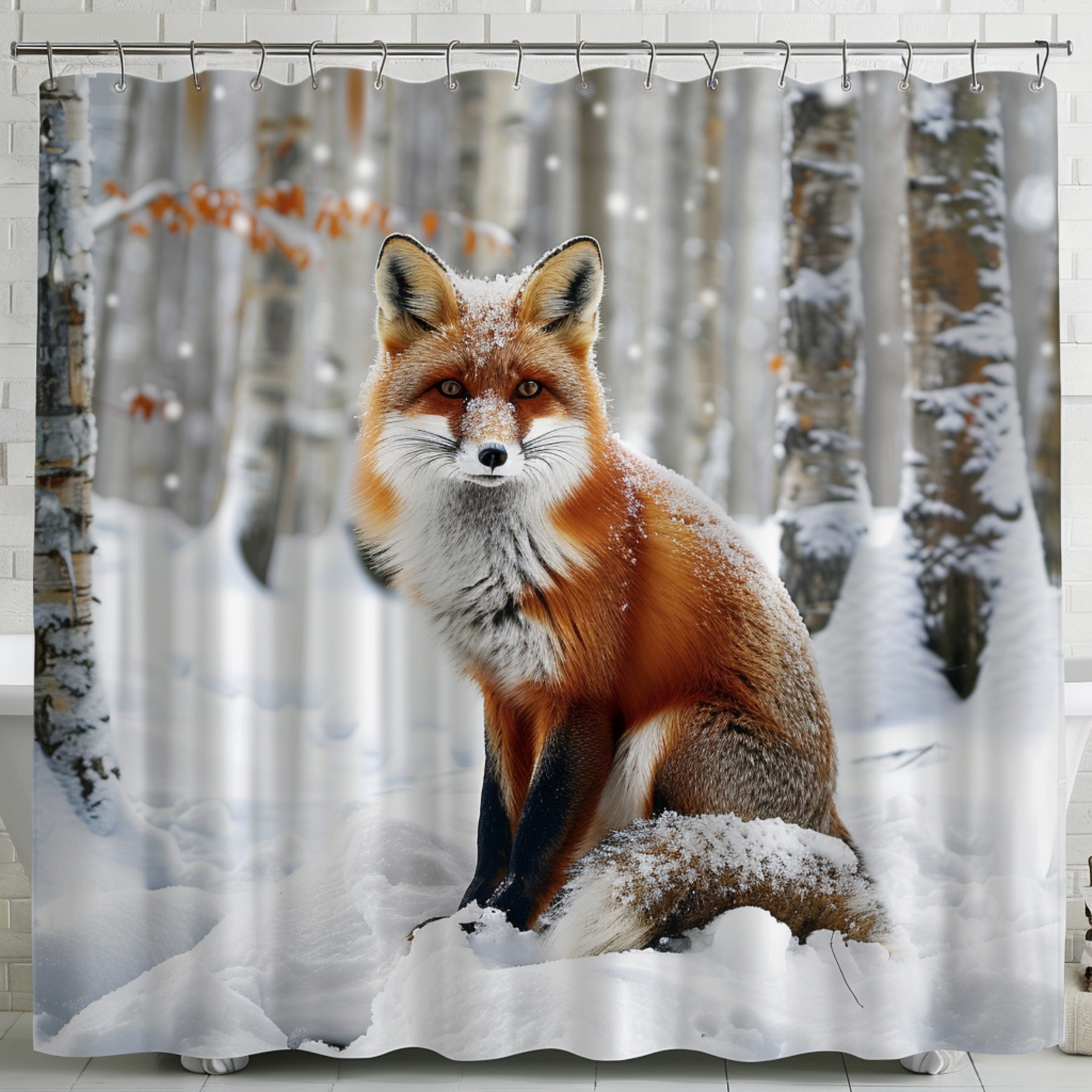 Hyperrealistic Fox in Snow Forest & Cute Animal Shower Curtain Detailed Nature Scenes with