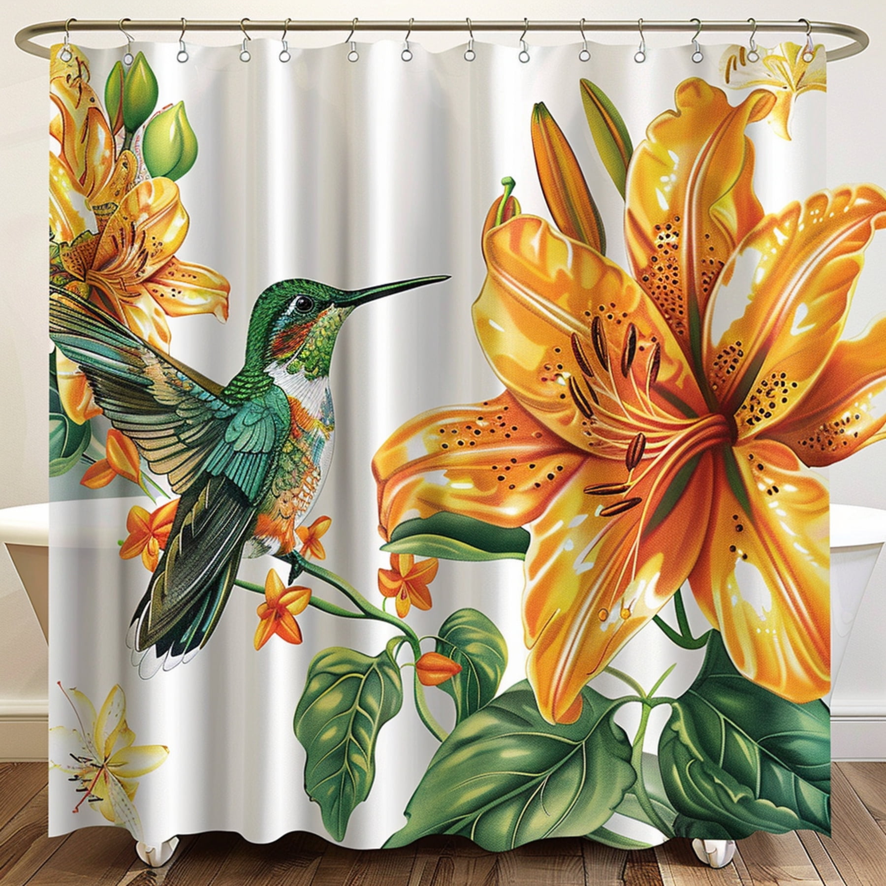 Hyperrealistic Hummingbird And Lily Flower Watercolor Shower Curtain