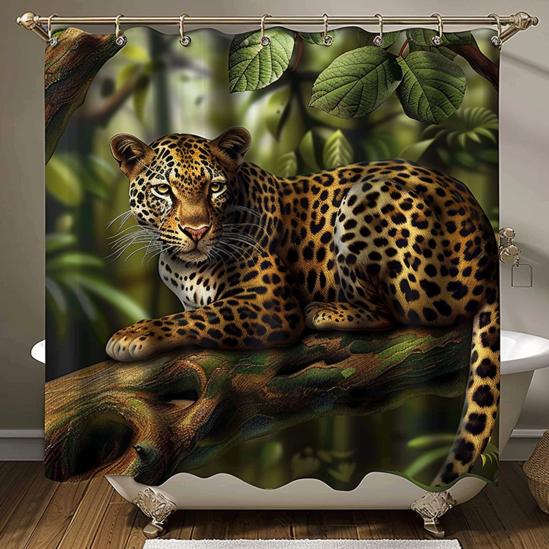 Hyperrealistic Leopard in Jungle Bathroom Scene Shower Curtain with