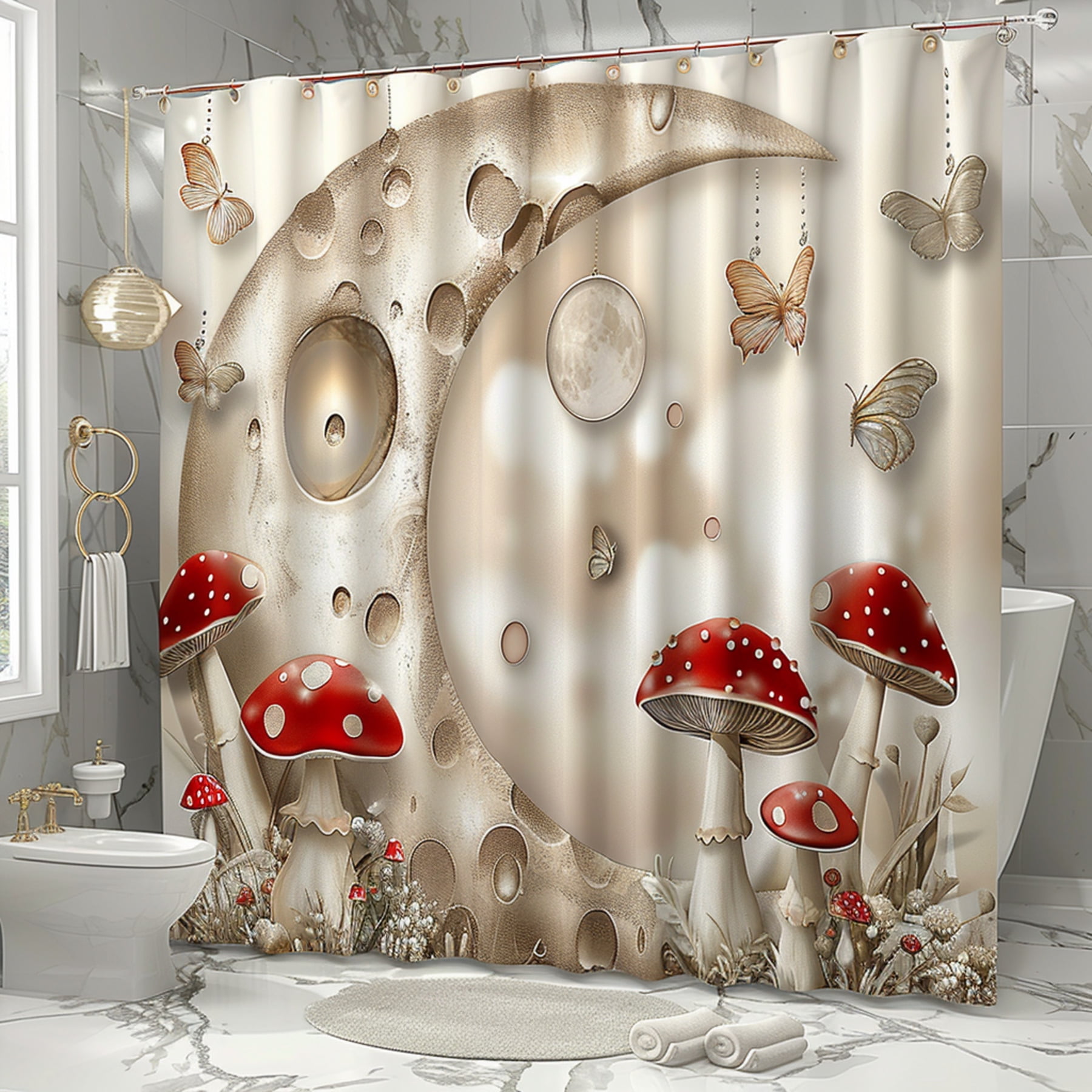 Hyperrealistic Mushroom and Butterfly Moon Bathroom Decor Set with Mockup Detailed Texture