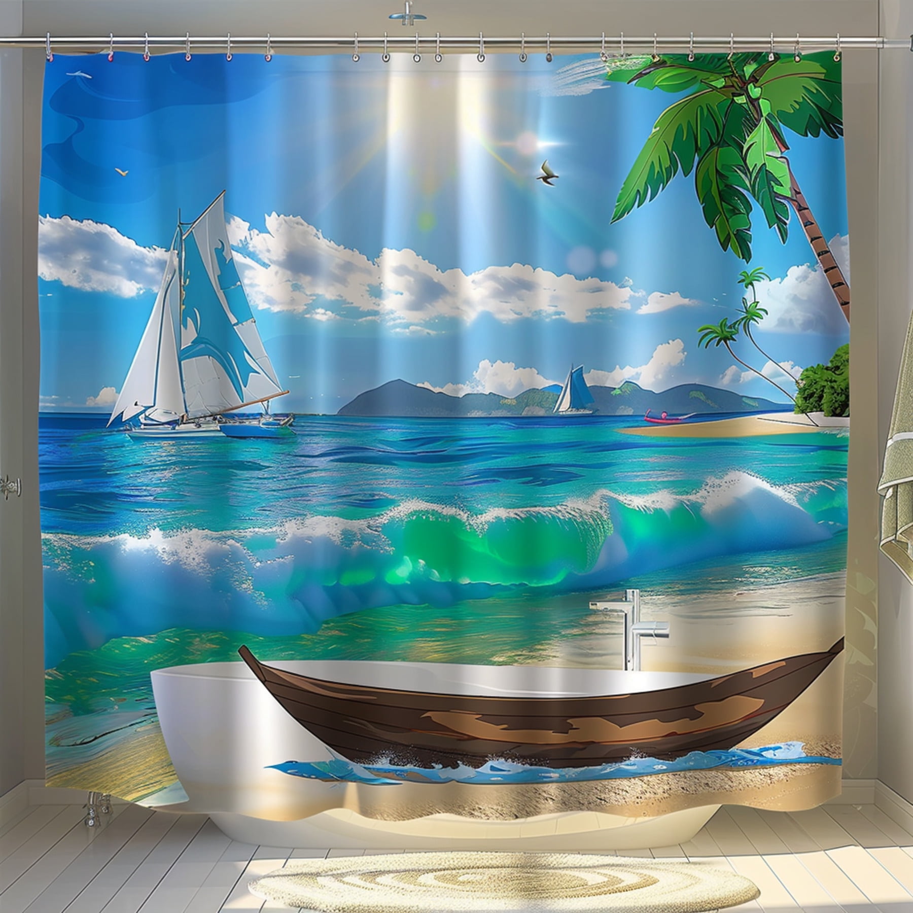 Hyperrealistic Ocean View Beach Boat Shower Curtain Detail with ...