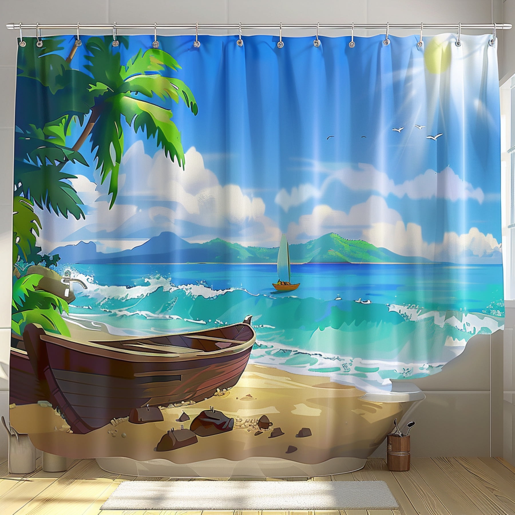 Hyperrealistic Ocean View Beach Boat Shower Curtain Detailed Design for ...