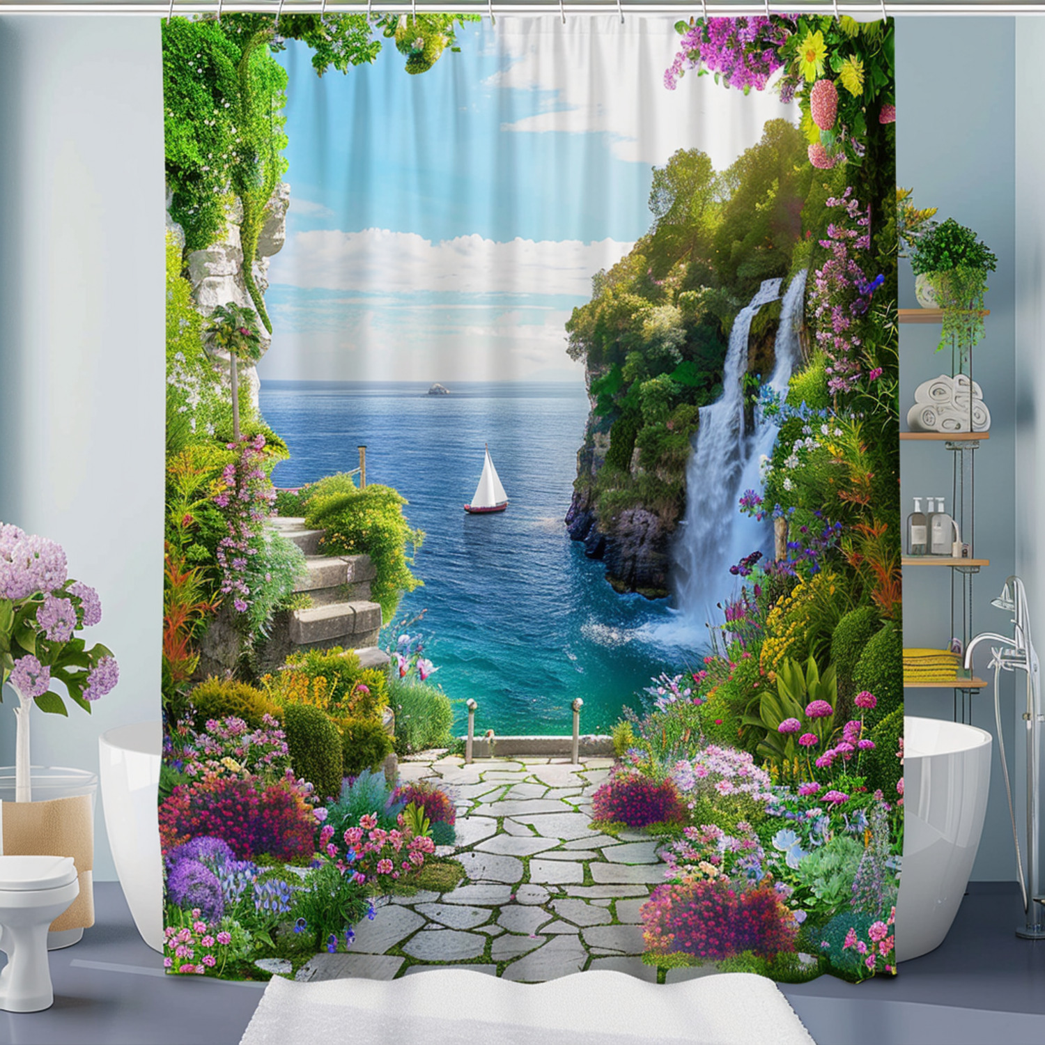 Hyperrealistic Ocean View Shower Curtain Bright Colors Detailed Texture