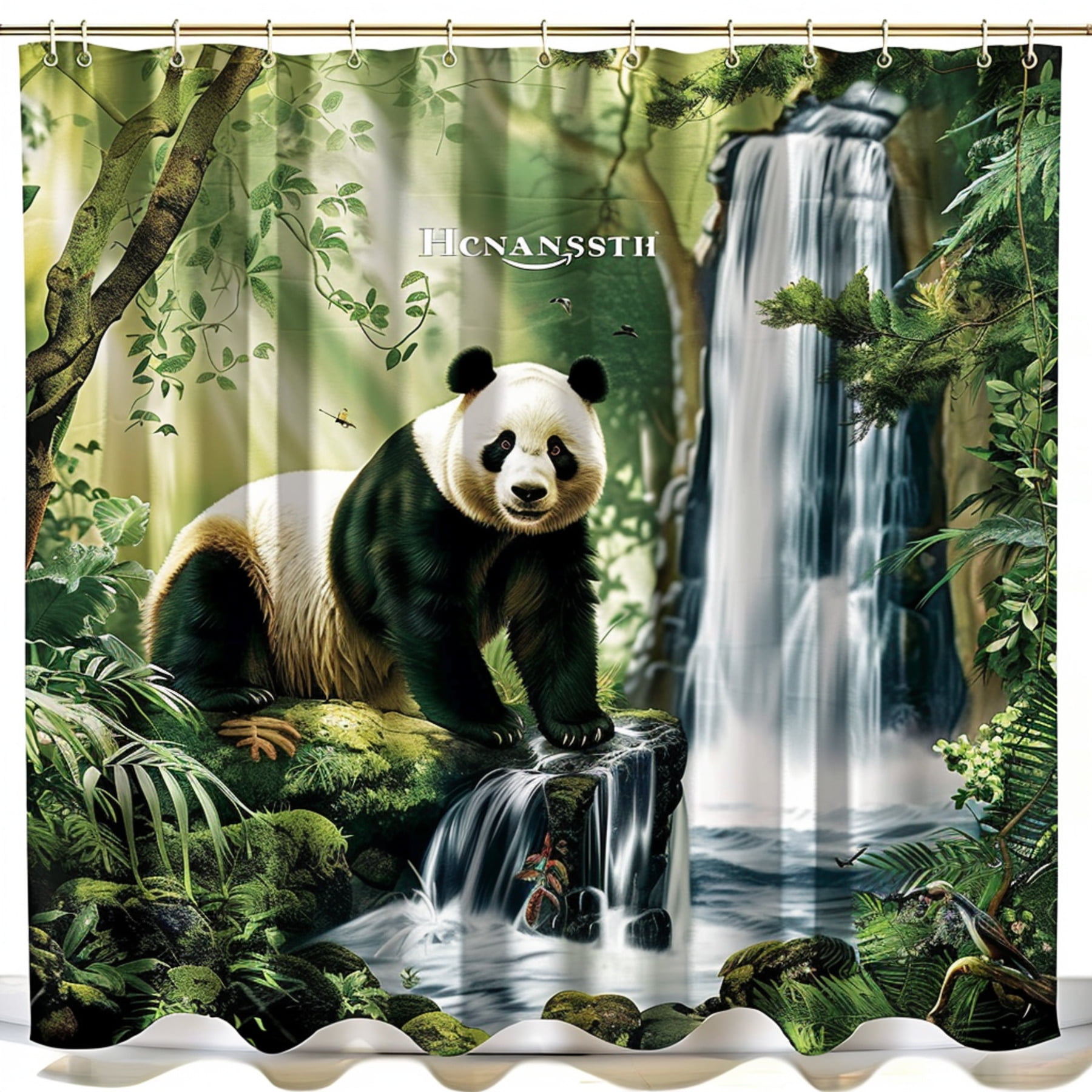 Hyperrealistic Panda Bear in Jungle Waterfall Scene Shower Curtain
