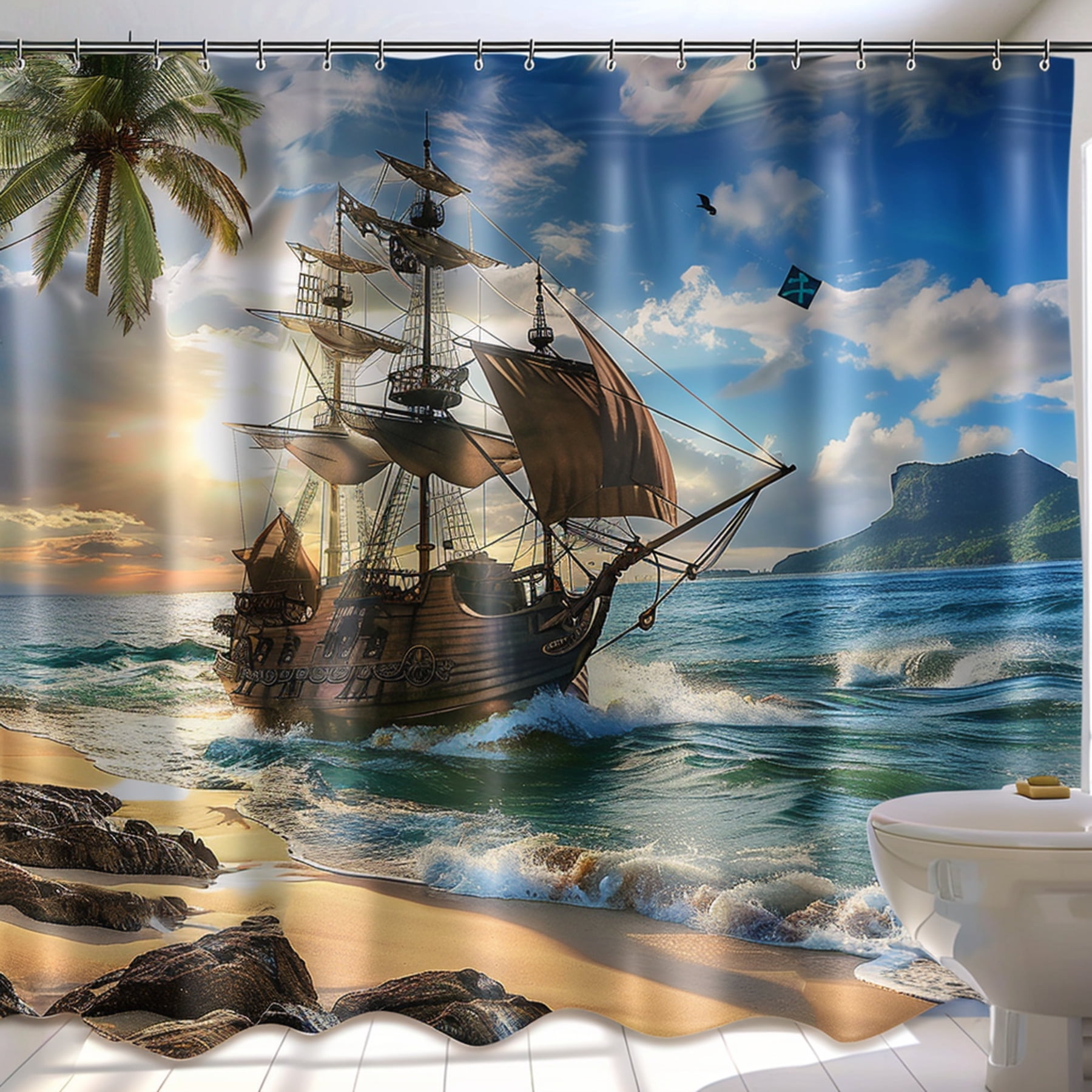 Hyperrealistic Pirate Ship Sailing Shower Curtain Detailed Beach Scene