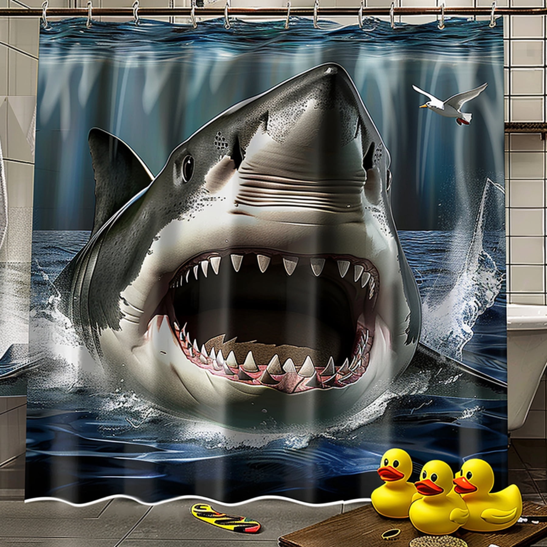 Hyperrealistic Shark Cartoon Shower Curtain with Fierce Expression Teeth Yellow Rubber Duckies ...