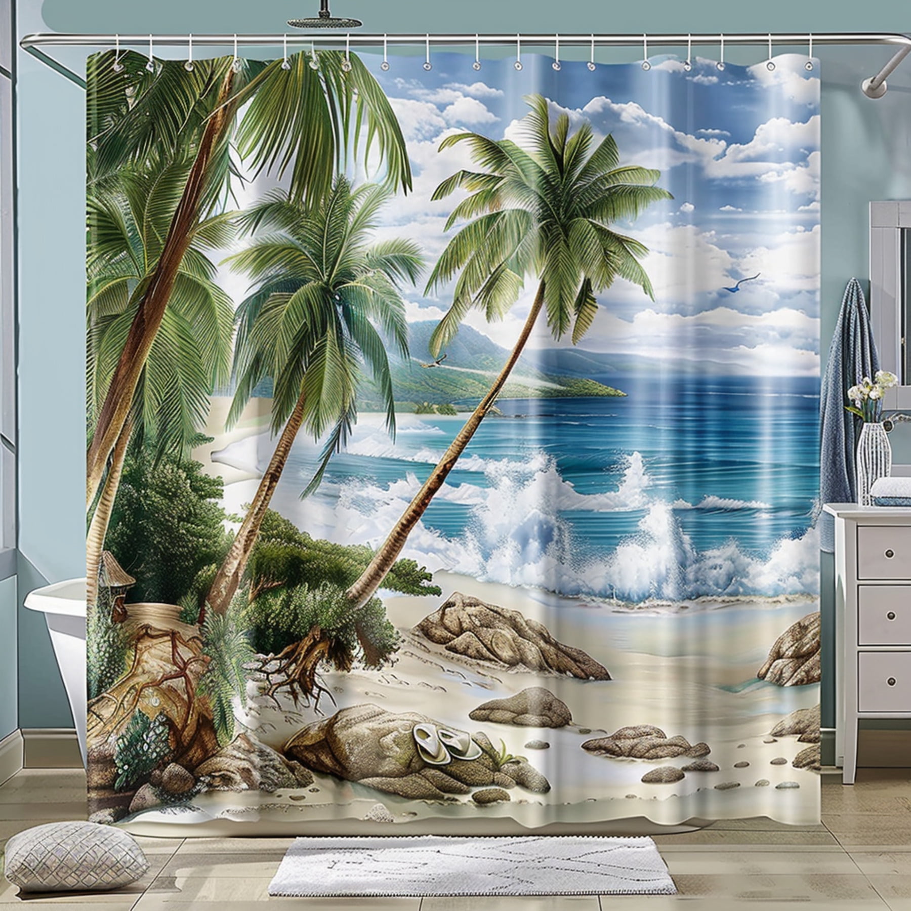 Hyperrealistic Tropical Beach Scene Shower Curtain with Palm Trees