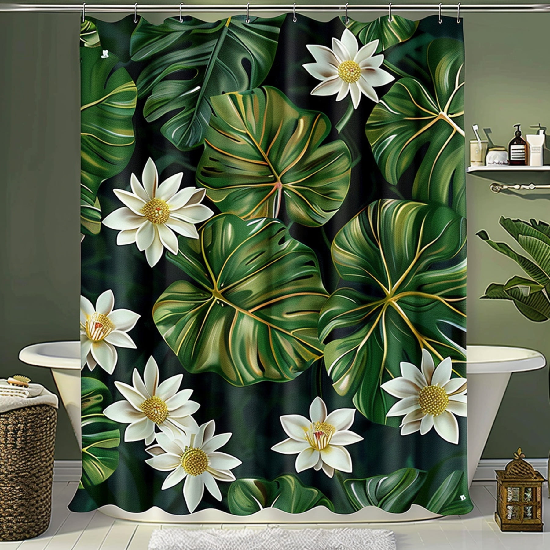 Hyperrealistic Tropical Leaves & White Lotus Flowers Shower Curtain