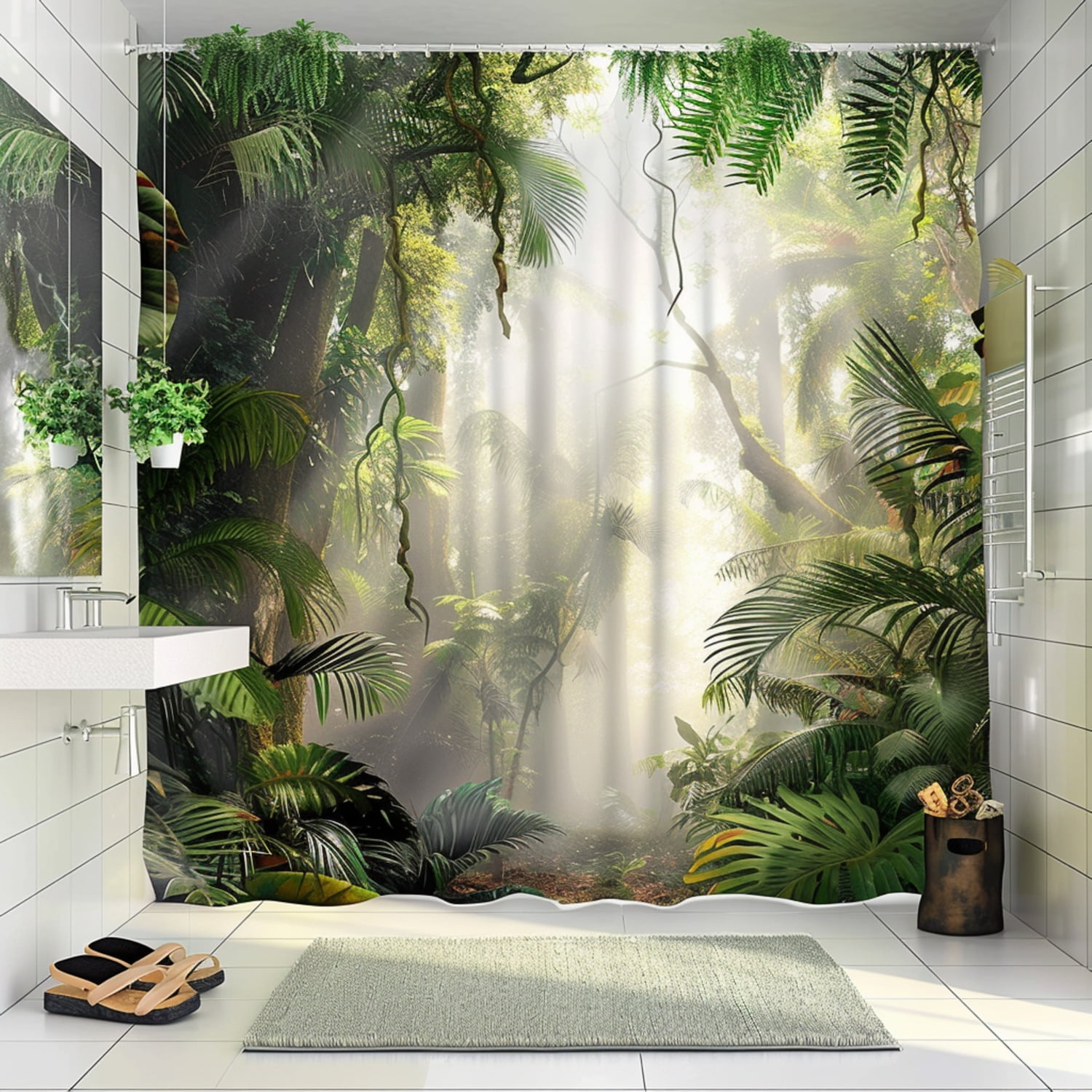 Hyperrealistic Tropical Rainforest Bathroom Scene With Green Plants