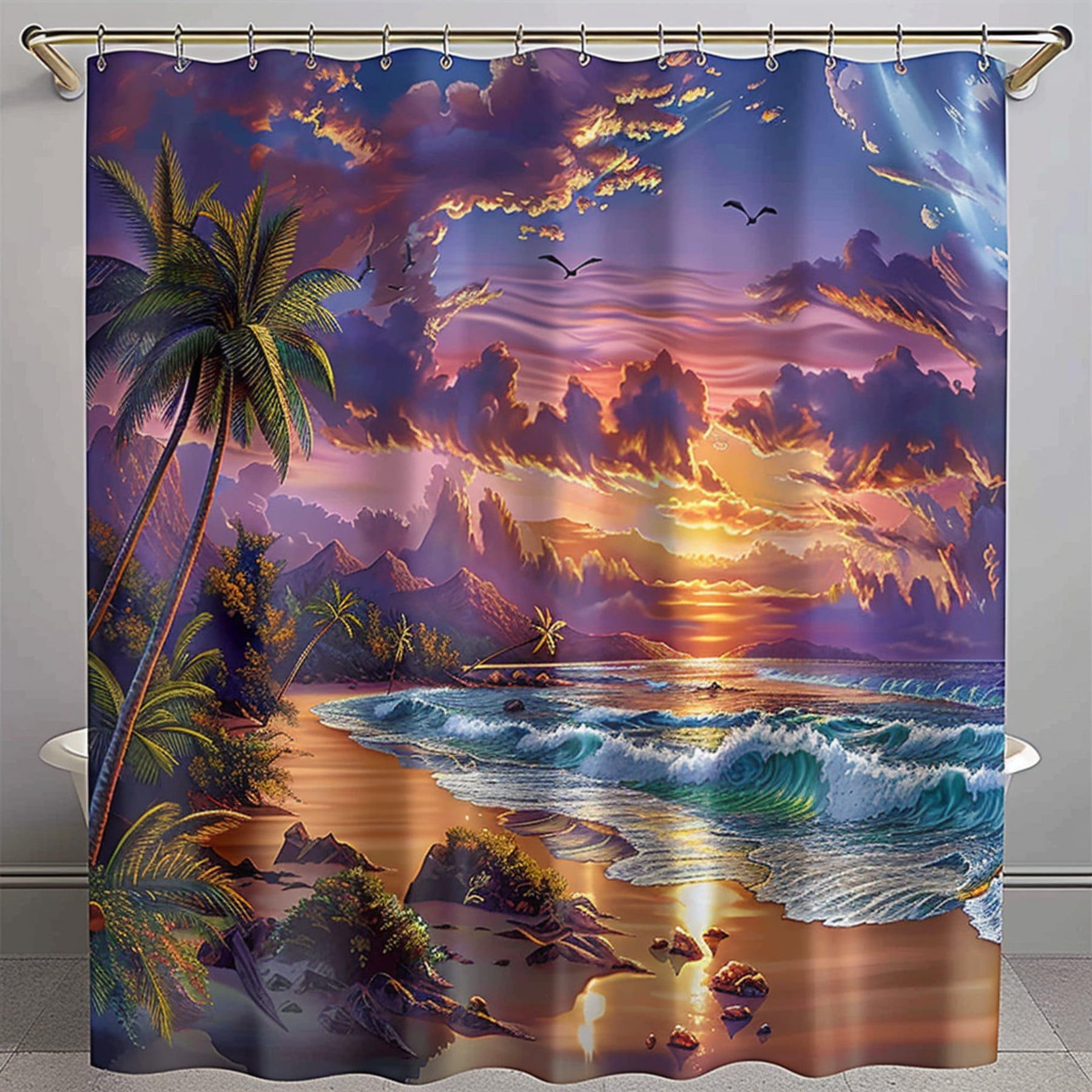 Hyperrealistic Tropical Sunset Beach Scene Shower Curtain Detailed Palm