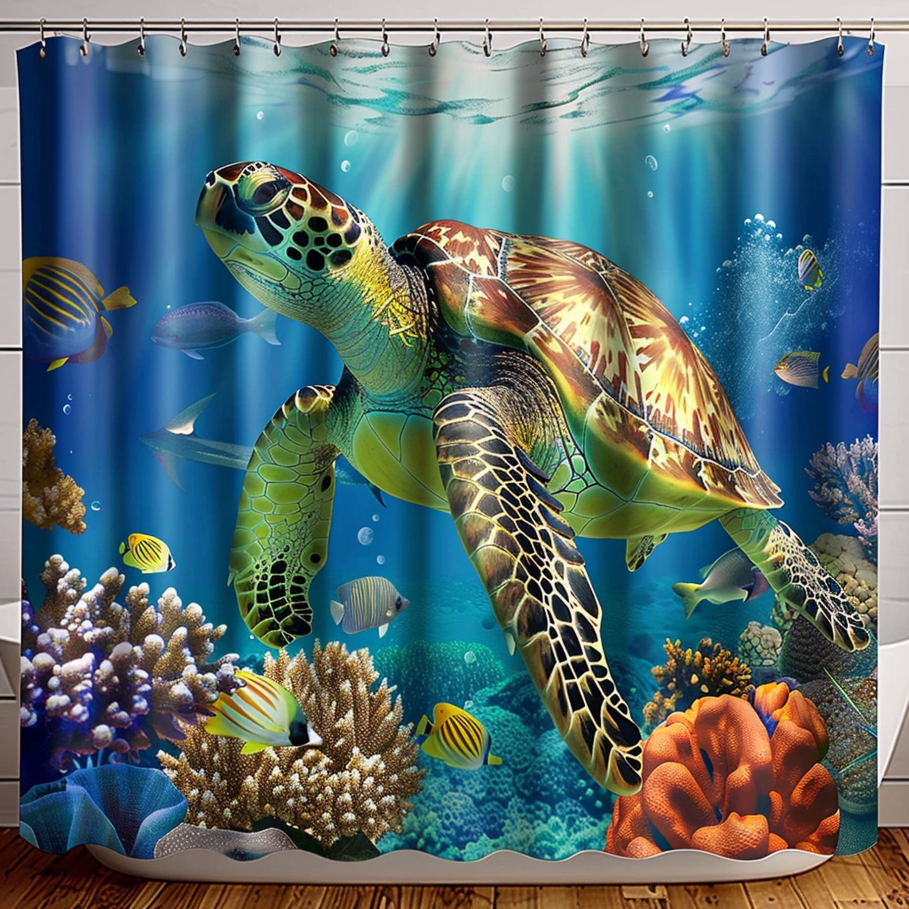 Hyperrealistic Underwater Turtle Scene Shower Curtain Vibrant Coral