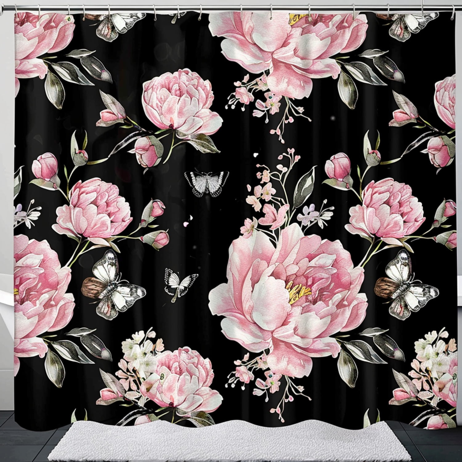 Hyperrealistic Watercolor Pink Peony and Moth Bathroom Curtain Set ...