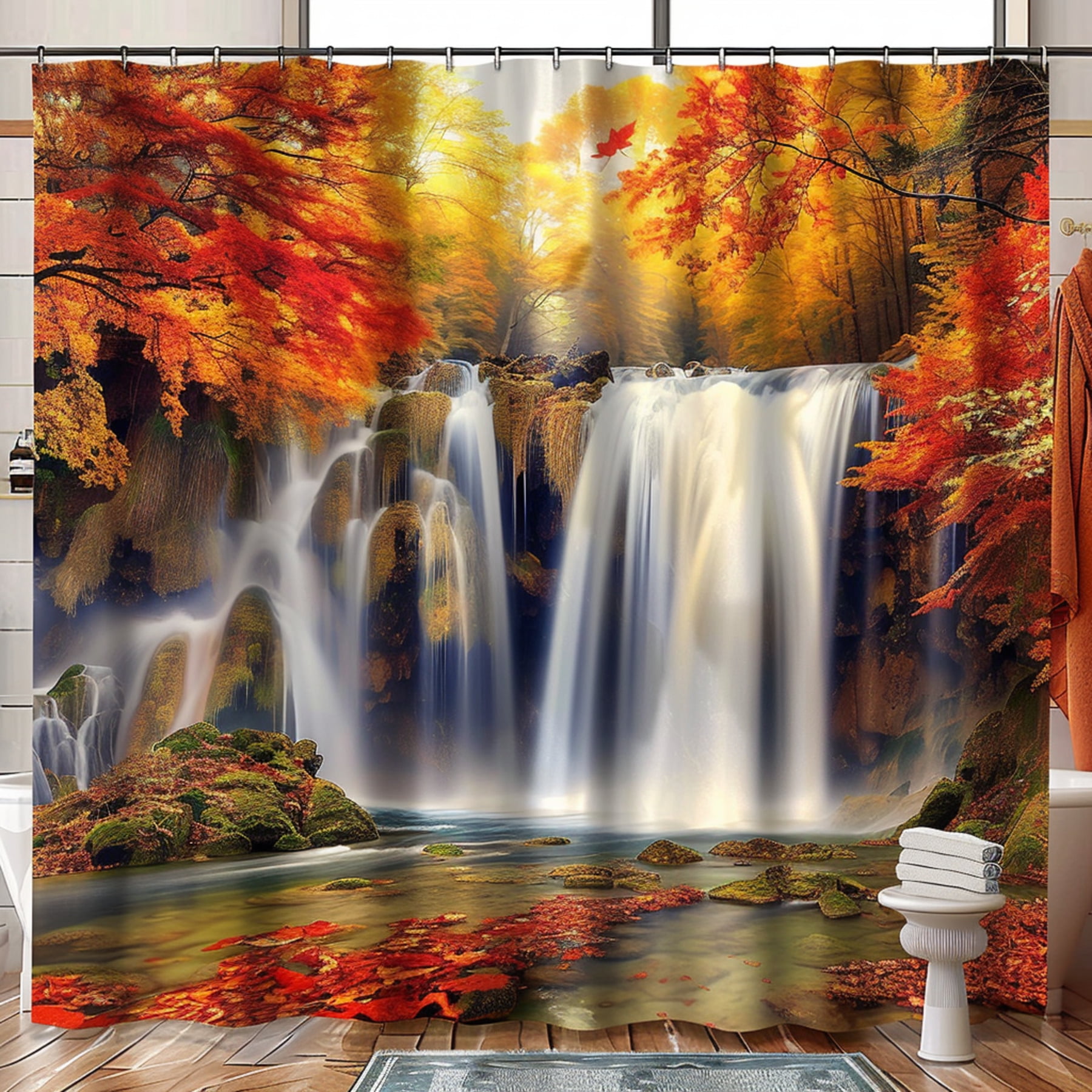 Hyperrealistic Waterfall Shower Curtain Vibrant Autumn Forest Scene
