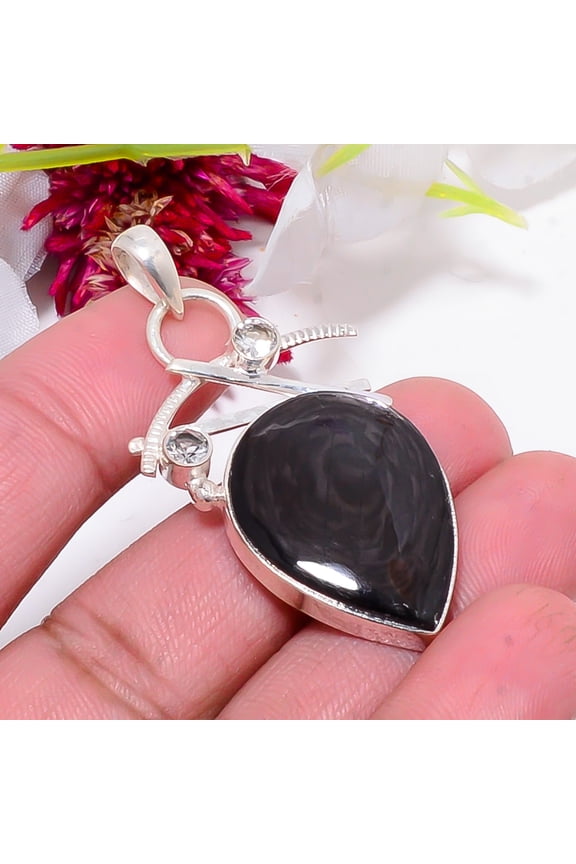 Hypersthene - Canada & White Topaz 925 Sterling Silver Pendant 2.03" sku21