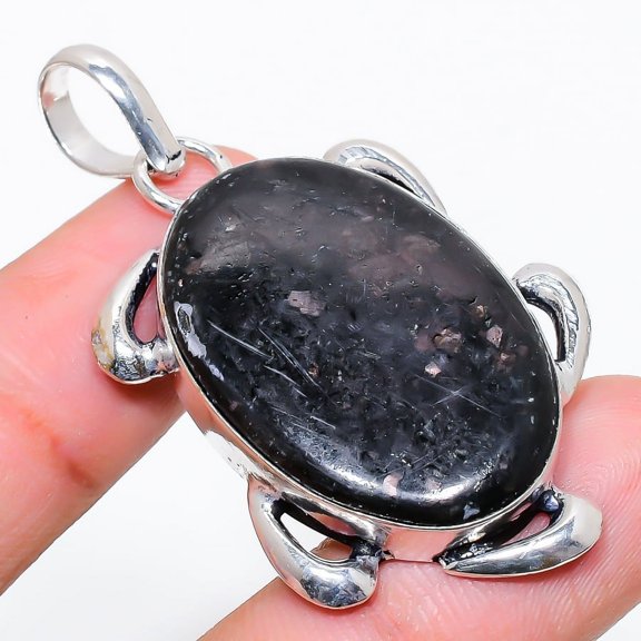 Natural Hypersthene Obsidian Gemstone 925 Sterling Silver Pendant 2.09"