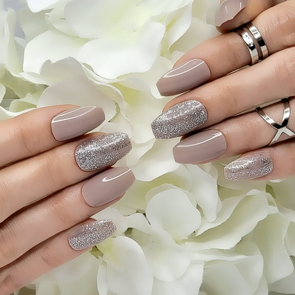 Hypnaughty 24 Pcs Beige Ballerina Press On Nails with Glue Medium Short Length Fake Nails with Glitter Design Glossy Acrylic Press On Nails Full Cover