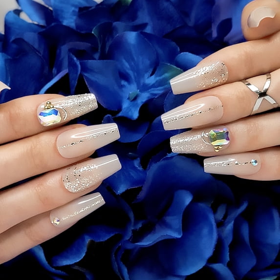 Hypnaughty 24 Pcs Jewels Rhinestone and Glitter Nude Luxury Coffin Press on Nails with Design and Glue Long and Extra Long Fake Nails Nude Glitter Ombre Design with Rhinestones