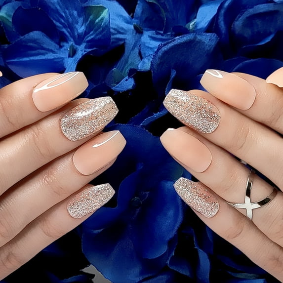 Hypnaughty 24 Pcs Nude Color Ballerina Press On Nails with Glue Medium Short Length Fake Nails with Glitter Design Glossy Acrylic Press On Nails Full Cover