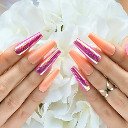 Hypnaughty 24 Pcs Raspberry Golden Chrome & Peach Extra Long Coffin Press On Nails and Glue Reflective Mirror XL False Nails