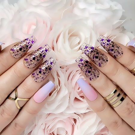 Hypnaughty 24 Pcs Rio Purple and Pink Ombre Coffin Press on Nails with Design and Glue Long and Extra Long Fake Nails Purple and Pink Ombre with Transparent Gold and Purple Design