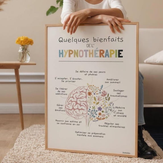 Hypnotherapy Benefits Poster, Hypnotherapist Gift, French Therapy Office Decor, Floral Brain Poster, Hypnosis Practice- Wall Art Print, 8x12 UNFRAMED