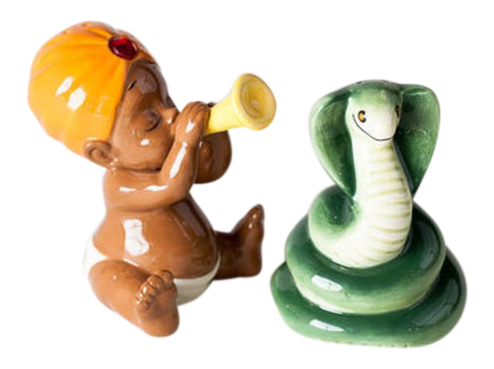 Hypnotic Snake Charmer Baby Playing Pungi Salt and Pepper Shaker Set