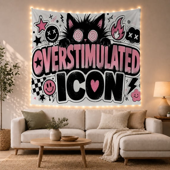 Hypnotic Spiral Eye Black Cat on White Background with Doodles Energetic Maximalist for Teen Girls Edgy Graffiti Art Decor Birthday Gift Tapestry Wall Hanging for Bedroom and Dorm