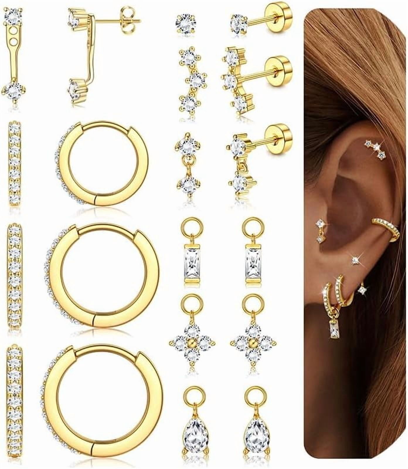 Hypoallergenic 14K Gold Earrings Women Surgical Steel Cartilage Earring Helix,Conch,Tragus,and Cartilage Piercings Plated Flat Back for - Stainless Hoop Set - FlatBack Stud Stack with CZ[m987]