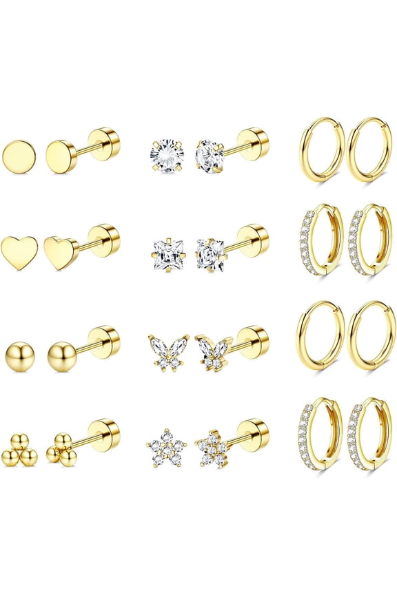 Hypoallergenic 14K Gold Plated Flat Back Earrings for Women Men Surgical Stainless Steel Earrings for Sensitive Ears Small Stud Hoop Cartilage Earring Stack Set for Multiple Piercing Jewelry