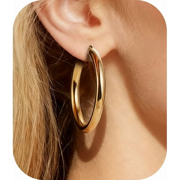 Hypoallergenic 5mm Thick Gold Hoop Earrings 30/40/50/60mm for Women, Big Large Extra Chunky 925 Sterling Silver Gold Plated Hoops, Girlfriend Wedding Birthday Jewelry Gifts