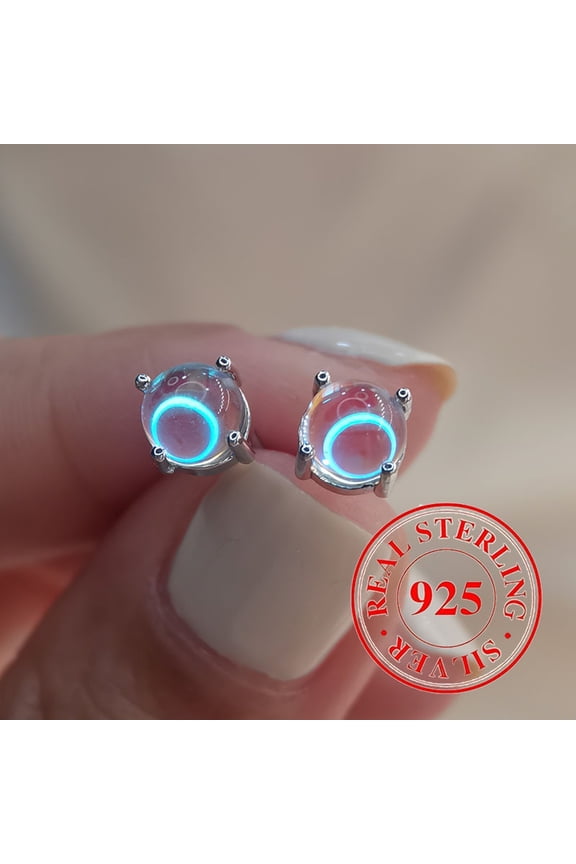 Hypoallergenic 925 Sterling Silver Round Stud Earrings - Illusionary Moonlight Stone for Women - 1.2g (0.042oz)