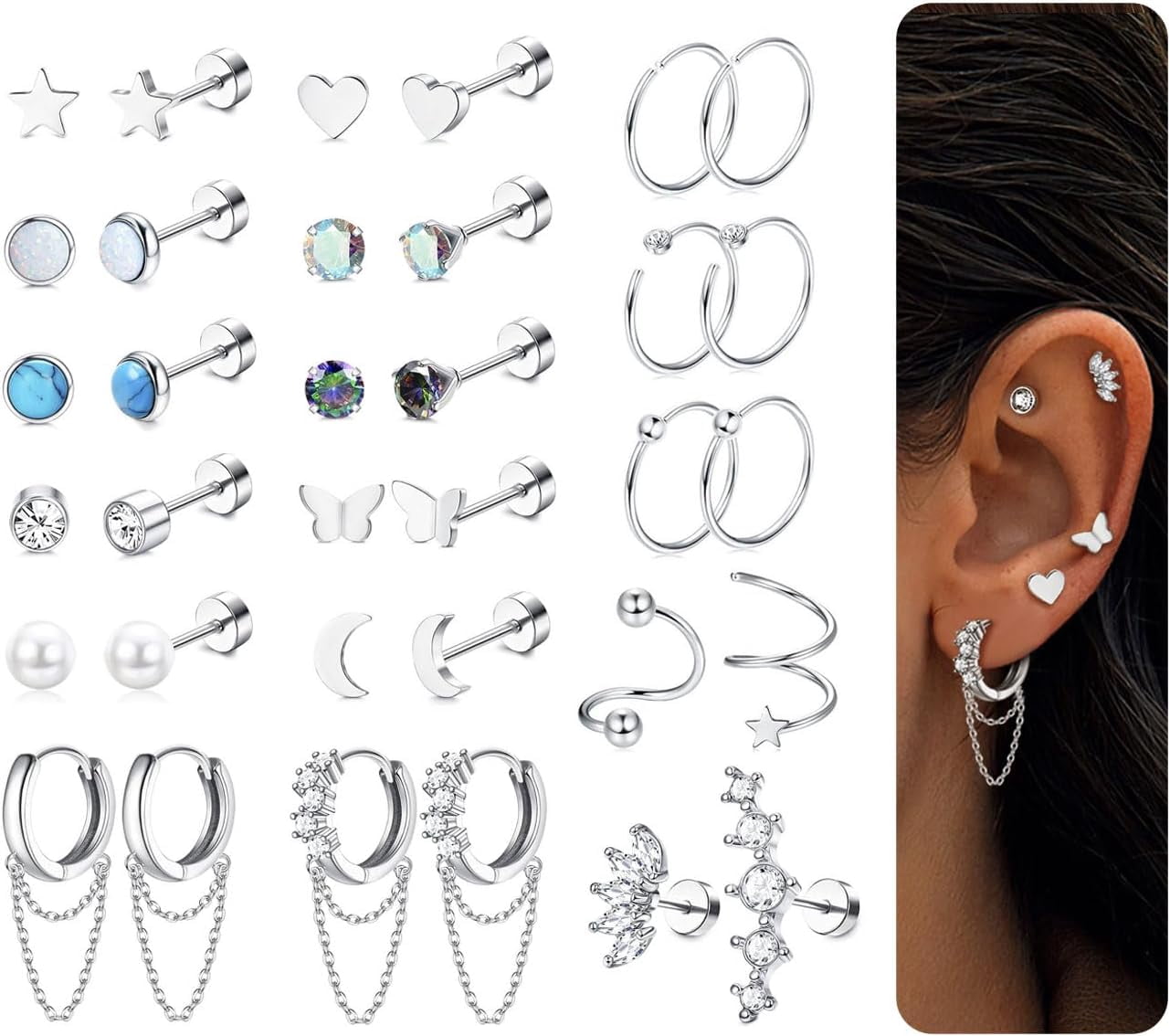 Hypoallergenic Best Cartilage Earrings, Helix Piercing Jewellery Flat Back Surgical Steel Earrings Studs suitable for New Piercing Silver Earrings for Women Multipack[g953]