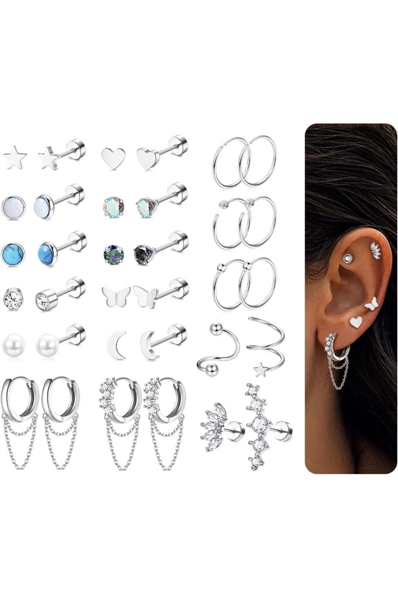 Hypoallergenic Best Cartilage Earrings, Helix Piercing Jewellery Flat Back Surgical Steel Earrings Studs suitable for New Piercing Silver Earrings for Women Multipack[g953]