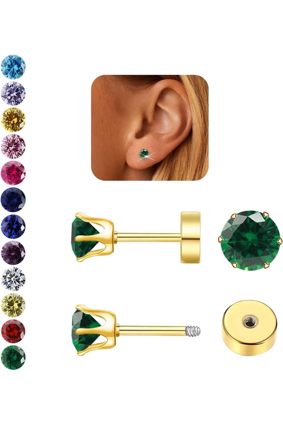 Hypoallergenic Birthstone Stud Earrings for Women Brilliant Cut Round Cubic Zirconia Flat Back Earrings Surgical Steel Cartilage Earrings for Sensitive Ears[a3582]
