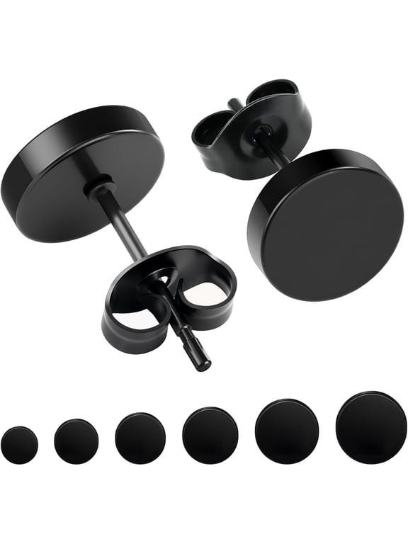 Hypoallergenic Black Stud Earrings for Men Women: 6 Pairs Flat Back Stainless Steel Cartilage Piercing Ear Tunnel 5mm-10mm