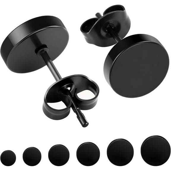 Hypoallergenic Black Stud Earrings for Men Women: 6 Pairs Flat Back Stainless Steel Cartilage Piercing Ear Tunnel 5mm-10mm