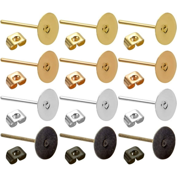 Hypoallergenic Earring Findings,400pcs Stainless Steel Earrings Posts Flat Pad with 400pcs Butterfly Earring Backs for Earring Making,4 Colors