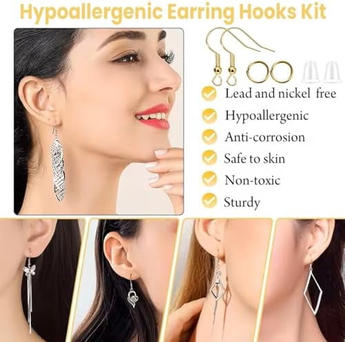 Hypoallergenic Earring Hooks, Ear Wires Fish Hooks, 600 Pcs Gold Earing Making Supplies Kit with Earring Backs and Jump Rings for DIY Jewelry Making (Gold)