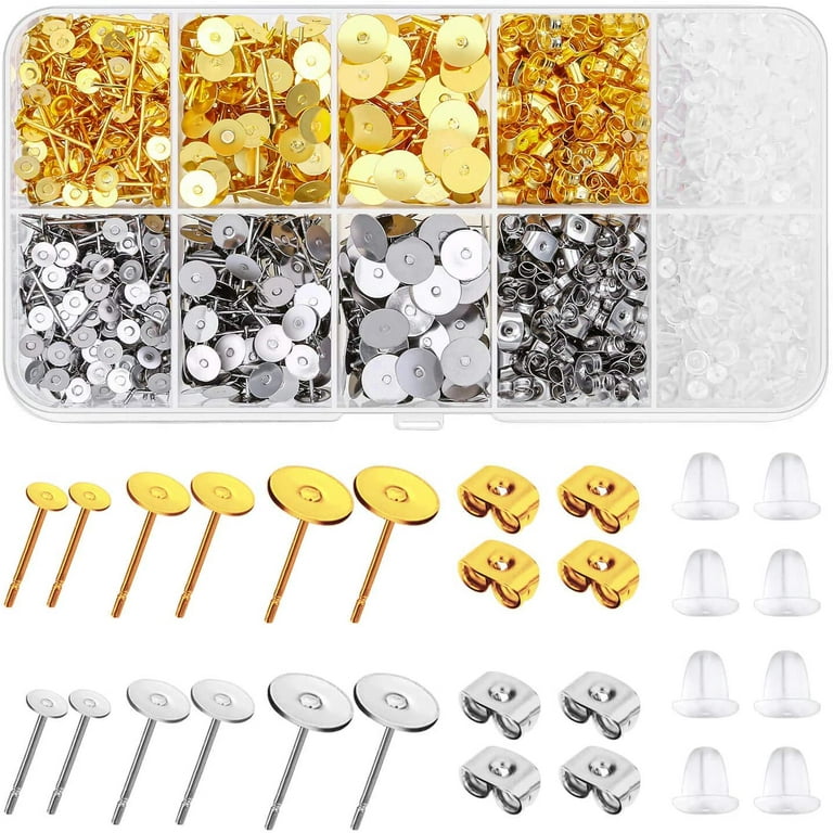 Hypoallergenic Earring Posts and Backs, 2000pcs Stud Earring Making Kit with Earring Base and Earring Backs for Leather Stud, Clay, Pearl Jewelry