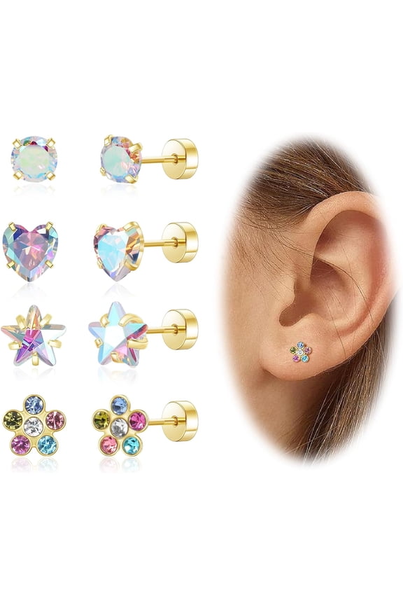 Hypoallergenic Earrings for Women Surgical Steel Screw Flat Back Earrings for Sensitive Ears Women14K Gold Plated Silver Earring Cute Heart Flower Pearl Star Stud Earring Sets
