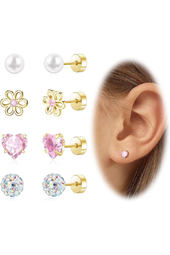 Hypoallergenic Earrings for Women Surgical Steel Screw Flat Back Earrings for Sensitive Ears Women14K Gold Plated Silver Earring Cute Heart Flower Pearl Star Stud Earring Sets