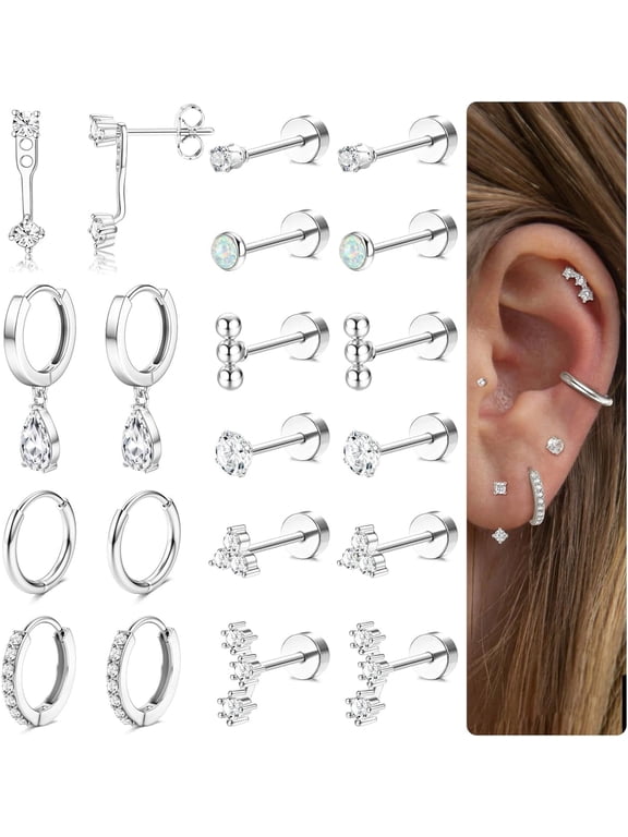 Hypoallergenic Flat Back Earrings 14K Gold Plated Cartilage Earring Sets for Multiple Piercing 20G Surgical Stainless Steel Earrings for Women Trendy Earring Stacks Small Hoop Flatback Stud Earrings
