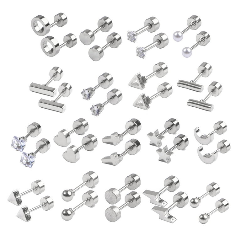 Hypoallergenic Flat Back Earrings 18-Pair Star Moon Triangle Ball Stud Earrings, Adult Unisex, Size: One size, Silver