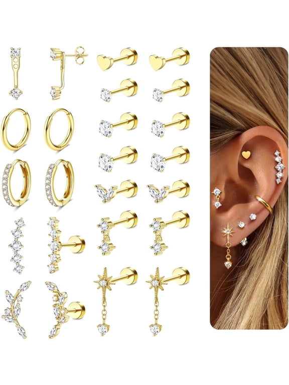 Hypoallergenic Flat Back Earrings-Cartilage Earring Stacks-Surgical Steel Earrings for Sensitive Ears - Small Stainless Steel Flatback Stud Hoop Earring Sets for Helix Tragus Conch Daith
